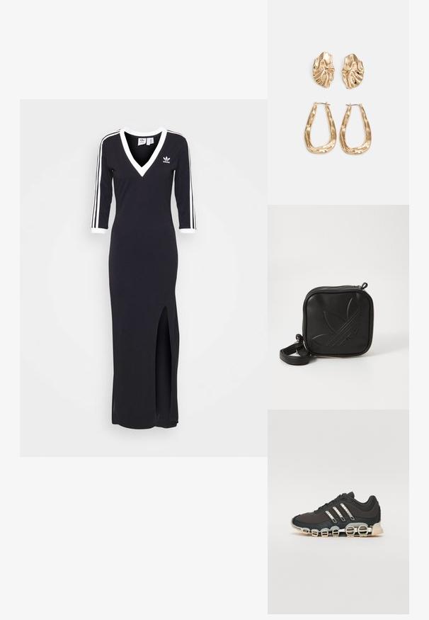 Sort, langærmet kjole med V-udskæring, hvide striber langs ærmerne og en sideslids. Lavet af blødt stof, har et lille logo på brystet.; Sort træningssko med en tekstureret overdel, tre sølvstriber og en karakteristisk støttende sål med flere integrerede sektioner.; Sort kvadratisk crossbody taske lavet af tekstureret syntetisk materiale. Har et prægede logo design og justerbar strop. Lynlåslukning.; Guldtonede øreringe med teksturerede, bølgede former. Inkluderer skulpturelle clips og en åben ringdesign med en hamret finish.; Guldtonede øreringe med teksturerede, bølgede former. Inkluderer skulpturelle clips og en åben ringdesign med en hamret finish.