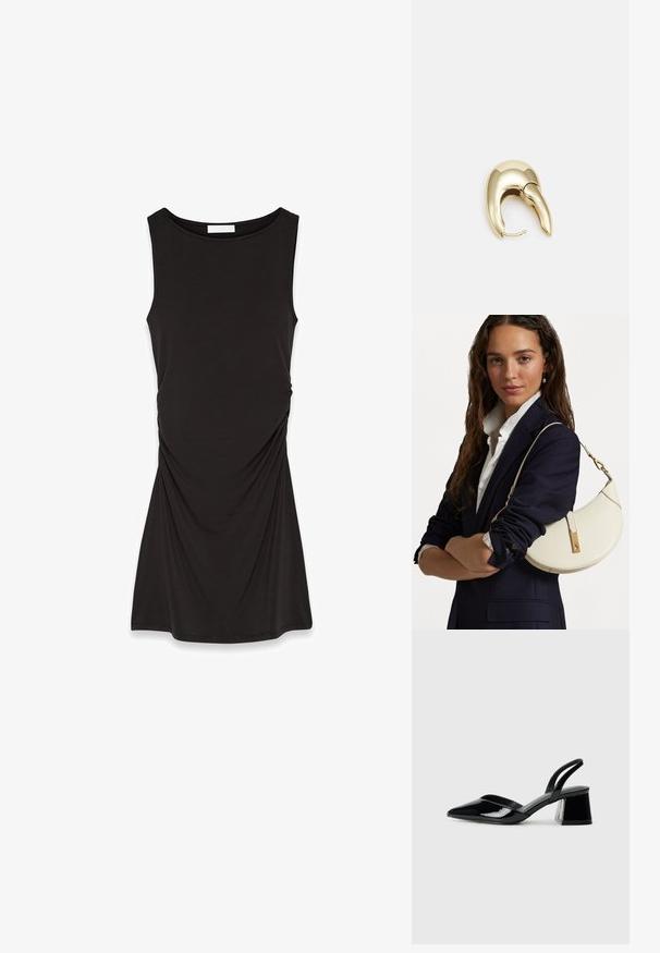 Black sleeveless dress made of soft fabric, featuring a round neckline and gathered detailing on the sides for a flowy silhouette.; Black patent leather slingback heels with a pointed toe and a geometric block heel. Features a sleek, minimal design and smooth texture.; White leather handbag with a curved shape, gold hardware, and a textured finish, worn over a dark blazer and white shirt.; Gold-tone metal earring with a sleek, curved design. Features a distinctive pointed shape, polished surface, and hinge closure.