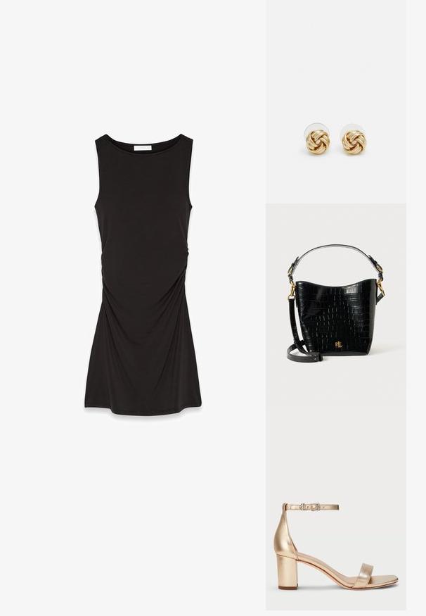 Must mustriks kleit, mis on valmistatud pehmest kangast, ümarate kaelustega ja külgedel kokku gatherdatud detailidega, luues voolava silueti.; Lauren Ralph Lauren LOGAN METALLIC NAPPA LEATHER SANDAL - Sandaalid - platinum; Mustad krokodillimustriga must nahast kott, millel on kõver kuju, kuldse riistvara aktsessid, reguleeritav rihm ning logodetail esiosas.; Kuldse tooni sõlm kõrvarõngad, millel on keeratud disain. Igal kõrvarõngal on ringikujuline läbipaistev tagaosa, mis tagab kindla kandmise.