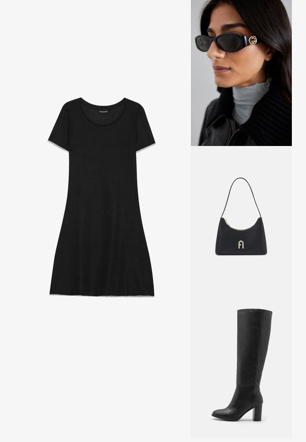 Crna haljina kratkih rukava s okruglim izrezom, izrađena od rebrastog materijala. Ima ravni kroj i suptilan rub na rubovima rukava.; Crne čizme do koljena izrađene od glatke kože, s debelim potplatom i zaobljenim prstima. Minimalistički dizajn bez vidljivih dijelova ili ukrasa.; Crne sunčane naočale sa elegantnim pravokutnim okvirom i zlatnim logotipom na strani. Tamna stakla i sjajni finiš su istaknuti.; Crna torba za rame izrađena od glatkog materijala, sa zakrivljenim oblikom, zlatnim patentnim zatvaračem i zlatnim reljefnim logotipom na prednjoj strani.