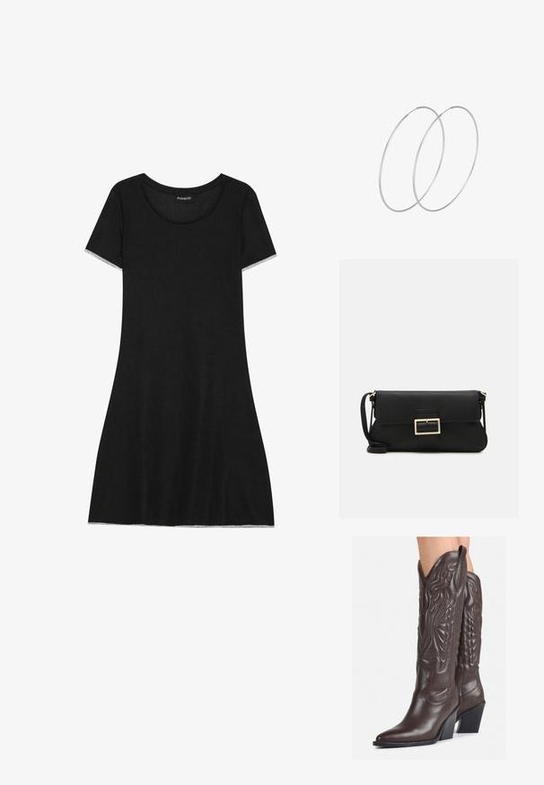 Juodas trumpas rankovėmis suknelė su apvaliu kaklu, pagaminta iš stangraus audinio. Turi tiesų kirpimą ir subtilų apdailą rankovių kraštuose.; Rudos odinės kaubojaus batai su smailiu priekiu ir blokuotu kulnu, pasižymintys detaliu siuvinėjimu ir iškiliais akcentais ant ašies.; Juodas odinis dėkliukas su atvarteliu ir auksinės metalinės sagties detalėmis. Įeina juodas diržas ir elegantiškas, minimalistinis dizainas.; Sidabrinės pusmėnulio auskarai minimalistiniu dizainu. Apskritimo forma, lygus paviršius ir plonas profilis. Lengvi su poliruotu apdailu.