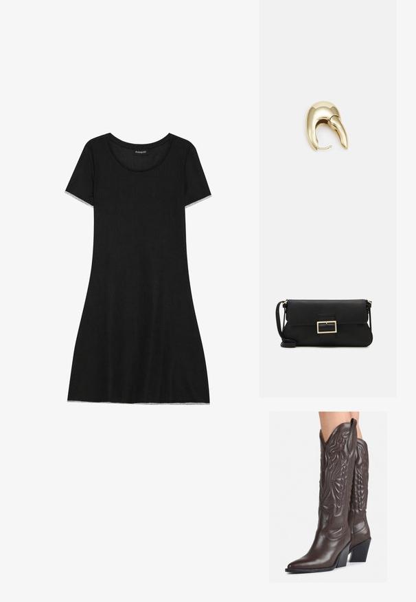 Černé šaty s krátkým rukávem a kulatým výstřihem, vyrobené z žebrované látky. Obsahují rovný střih a jemné lemování na okrajích rukávů.; Hnědé kožené kovbojské boty s špičatou špičkou a blokovým podpatkem, se zdobným prošíváním a vyvýšenými akcenty na nárazu.; Černá kožená psaníčko s klopou a zlatým kovovým detailním sponou. Součástí je černý popruh a elegantní, minimalistický design.; Náušnice ve zlatém tónu z kovu s elegantním zakřiveným designem. Vyznačují se jedinečným špičatým tvarem, lesklým povrchem a závěsem na kloub.