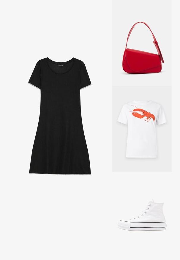 Schwarzes Kurzarmkleid mit rundem Ausschnitt, aus geripptem Stoff gefertigt. Hat einen geraden Schnitt und dezente Verzierungen an den Ärmelenden.; Weißes Baumwoll-T-Shirt mit einem großen, leuchtend roten Hummer-Design auf der Vorderseite. Mit kurzen Ärmeln und klassischem Rundhalsausschnitt.; Weiße hochwertige Leinensneaker mit schwarzer Gummisohle, vorderem Gummizehenschutz und sechs Ösen für Schnürsenkel, die ein sauberes, minimalistisches Design aufweisen.; Rote Lederhandtasche mit einem kantigen, geometrischen Design. Verfügt über einen verstellbaren Schulterriemen und einen Klappenverschluss mit genähten Details.