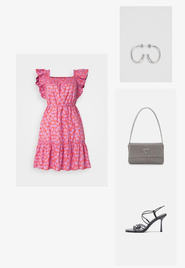 Rochie florală roz cu mâneci volănaș, bust smocat și tiv în straturi. Are un model de margarete în violet deschis pe un fundal viu.; Sandale negre cu toc înalt au curele subțiri cu un design legat, un vârf pătrat neted și un toc stiletto elegant.; Geantă metalică gri deschis, cu un strap din lanț, decorată cu mici ținte circulare metalice și un logo de marcă triangular.; Cercei rotunzi din argint cu un finisaj neted și strălucitor. Design ușor, având o formă rotundă și închidere cu tijă.