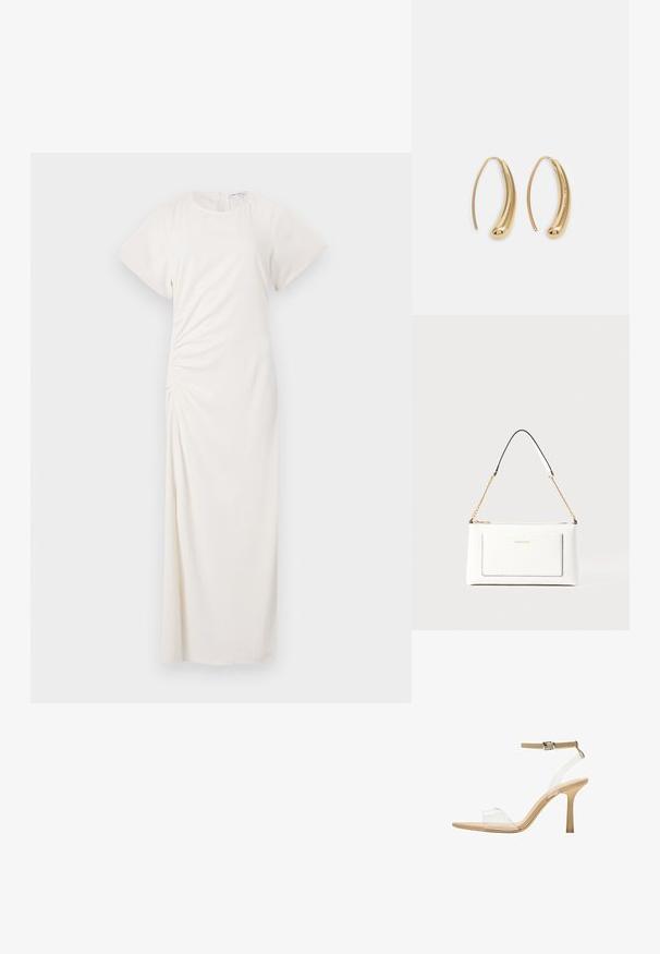 Rochie albă cu mâneci scurte, decolteu rotund și detalii de pliere laterală; țesătură fină cu o siluetă lungă până la podea.; Sandalie cu toc transparent, cu un brad transparent, talpă bej și o curea subțire pentru glezna. Au vârf ascuțit și un toc subțire înalt.; Geantă de mână din piele albă cu un finisaj texturat, având o curea din lanț aurie și accente negre. Include un buzunar frontal și închidere cu fermoar.; Cercei din metal auriu, cu un design curbat și alungit. Au o suprafață netedă și strălucitoare, cu un vârf rotunjit pentru un detaliu suplimentar.