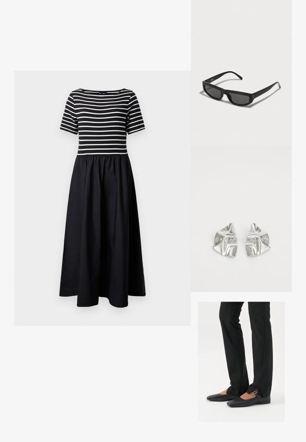 Svītrots īsām piedurknēm kleita ar melnu svārku; augšdaļā ir baltas horizontālas svītras uz pieguļoša korpusa, kas pāriet plandošajā, satriekto apakšā.; Melni ādas baleta zābaki ar smailo purngalu, siksniņa ar sudraba sprādzi, kombinēti ar melniem tailētiem biksēm ar šķēluma apakšdaļu.; Melnas saulesbrilles ar taisnstūra formu, kas aprīkotas ar tumšiem stikliem un plānām kājām. Zelta akcenti tuvu eņģēm.; Sudraba metāla auskari ar viļņainu, skulpturālu dizainu, kas izceļas ar pulētu apdari un neregulārām formām, uzsverot mūsdienīgu estētiku.