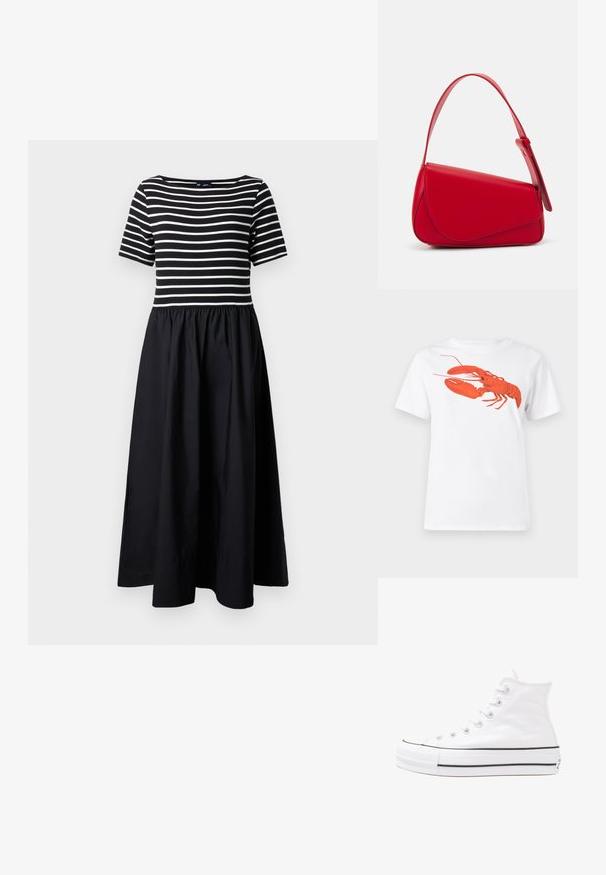 Stripet kjole med kortærmer og sort skørt; toppen har hvide vandrette striber på en tætsiddende overdel, der går over i en let, samlet bund.; Hvid bomulds t-shirt med et stort, klart rødt hummerprint på forsiden. Korte ærmer og standard rund halsdesign.; Hvide høje kanvas sneakers med sort gummisål, gummitåhætte foran og seks øjehuller til snørebånd, der har et rent, minimalistisk design.; Rød læderhåndtaske med et kantet, geometrisk design. Har en enkelt justerbar rem og en klaplukning med syede detaljer.
