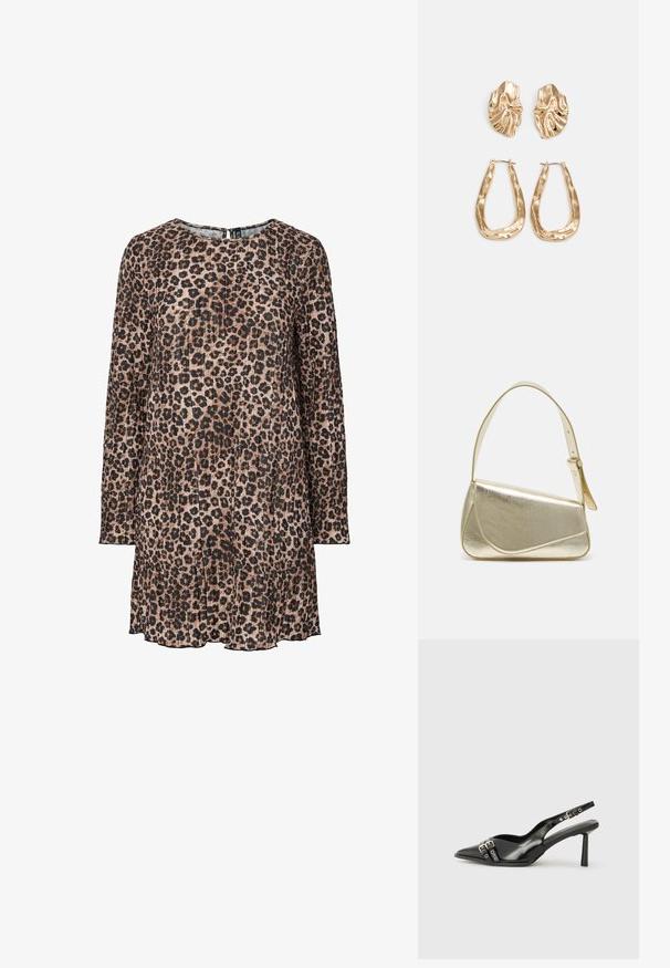 Šaty s leopardím potiskem, dlouhými rukávy, sklady, kulatým výstřihem a splývavou siluetou, v odstínech béžové a černé.; Černá lakovaná slingback obuv s špičatou špičkou, kotníkovými pásky s kovovými sponami a příslušenstvím, a štíhlým podpatkem.; Zlatá metalická kabelka se strukturovaným designem, hladkým povrchem a nastavitelným popruhem. Disponuje unikátním trojúhelníkovým tvarem a minimalistickým prošitím.; Náušnice ve zlatém tónu s texturovanými, vlnitými tvary. Obsahují sochařské klipy a design otevřeného kruhu s kladivkovým povrchem.
