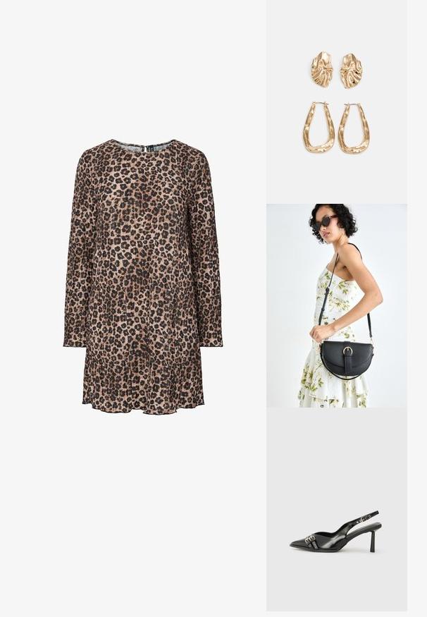 Leopardimustriga kleit pikade varrukatega, volditud tekstuuriga, ümarate kaelustega ja voolava siluetiga, sisaldades beeži ja musta toone.; Must musta nahk kingad sanga ja terava ninaga, ankle strapidega, millel on hõbedased pandlad ja riistvara ning õhuke konts.; Mustmust mustraha kõverate joontega, eemaldatava rihmaga ja kuldsete detailidega. Kotil on klapp, millel on pandladetail.; Kuldse värvi kõrvarõngad, mis on kaunistatud tekstuursete ja laineliste kujunditega. Komplektis on skulpturaalsed klamber kõrvarõngad ja avatud rõngasdisain, millel on lõhestatud viimistlus.