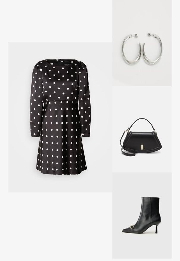 Černé šaty s puntíky a dlouhými rukávy, zaobleným výstřihem. Vyrobené z hladkého materiálu, s bílými kruhovými vzory po celém povrchu.; Černá kožená kotníková bota s špičatou špičkou, úzkým středně vysokým podpatkem a stříbrnou sponou na straně, na jednobarevném pozadí.; Černá kožená kabelka se strukturovaným designem, jejíž tvar je zkrácený, má horní rukojeť a zlaté kovové detaily. Součástí je i nastavitelný ramenní popruh.; Stříbrné kruhové náušnice s hladkým, zakřiveným designem. Vyznačují se lesklým kovovým povrchem a zapínáním na patent. Žádné viditelné vzory nebo akcenty.