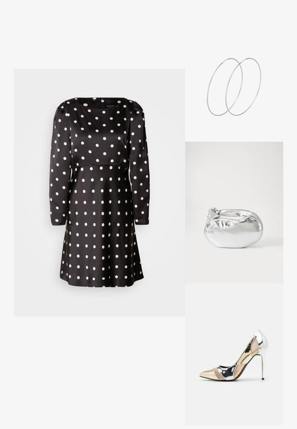 Robe noire à pois avec des manches longues et un col arrondi. Fabriquée en tissu lisse, elle présente des motifs circulaires blancs partout.; Chaussure à talon aiguille à bout pointu avec un schema de couleurs argent, or et nude. Fini brillant avec un design découpé, dotée d'un talon stiletto.; Pochette en métal argenté avec une forme douce et arrondie et un fermoir en haut noué. Fabriquée en simili cuir lisse.; Boucles d'oreilles en argent au design minimaliste. Forme circulaire, texture lisse et profil fin. Légères avec une finition polie.