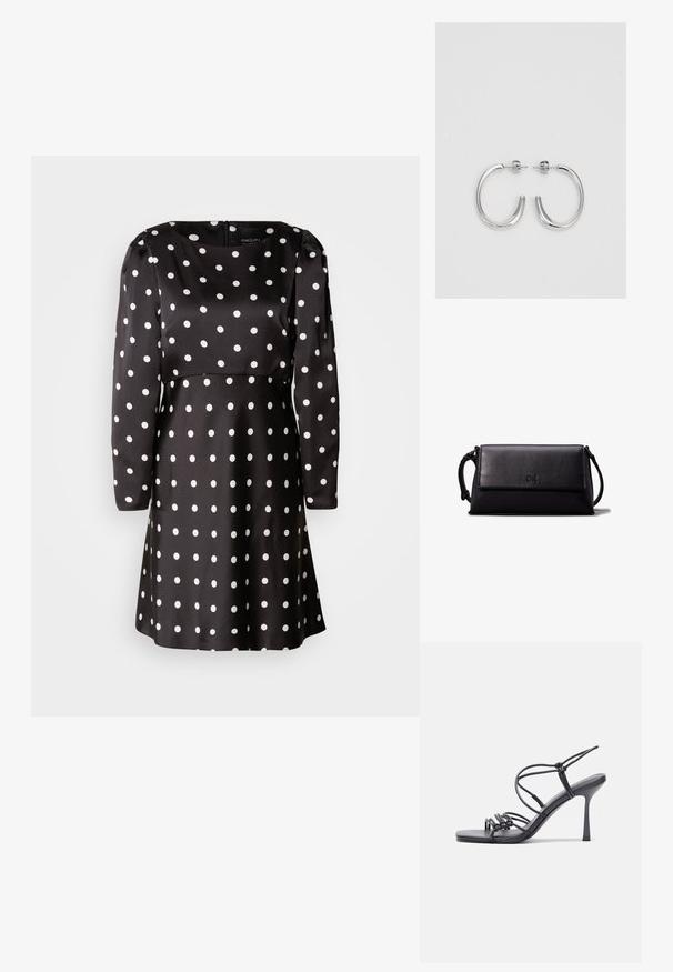 Vestito nero a pois con maniche lunghe e scollo rotondo. Realizzato in tessuto liscio, presenta motivi circolari bianchi su tutto il capo.; Sandali neri con tacco alto presentano sottili cinturini con design annodato, una punta quadrata liscia e un elegante tacco a spillo.; Clutch bag in pelle nera con forma rettangolare, texture liscia, chiusura a patta piatta e un piccolo manico laterale. Presenta un logo sottile.; Orecchini a cerchio in argento con una finitura liscia e lucente. Forma arrotondata, design leggero, con chiusura a perno.