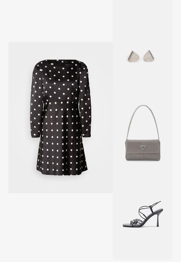 Melna kleita ar melniem punktiem, garām piedurknēm un noapaļotu kakla izgriezumu. Izgatavota no gludas auduma, ar baltām apļveida dekorācijām visā kleitā.; Melnas augstpapēžu sandales ar plāniem siksniņām un mezgla dizainu, gluda kvadrātveida purngalu un elegantu stiletto papēdi.; Gaiši pelēka metāla rokassoma ar ķēdes siksnu, rotāta ar mazām apaļām metāla kniedēm un trīsstūra zīmola logo.; Sudraba metāla auskari ar gludu, asarveida formu un pulētu apdari. Smalkas gravējumi pievieno detalizāciju. Minimālisma dizains.