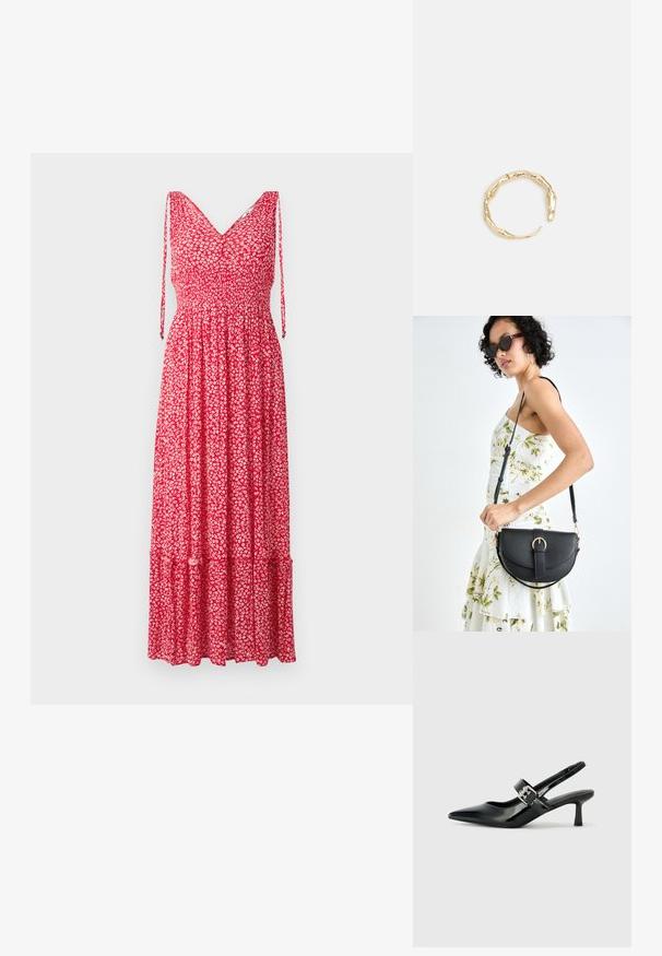 Rdeča cvetna maksi obleka z V-izrezom, nastavljivimi naramnicami, smockanim stekleničnim delom in plastnatim robom. Tkanina je prežeta z majhnimi belimi cvetnimi vzorci.; Črne patent usnjene slingback pete s koničastim nosom in majhnim blok peto, ki vključujejo srebrno zaponko na traku.; Črna usnjena torbica s ukrivljeno obliko, z odstranljivo naramnico in zlatimi dodatki. Torbica ima pokrov s podrobnostmi v obliki zaponke.; Zlati prstan s organskim, zvitim dizajnom, gladko površino in taperiranimi konci, ki ustvarja modernega, skulpturalnega videza.