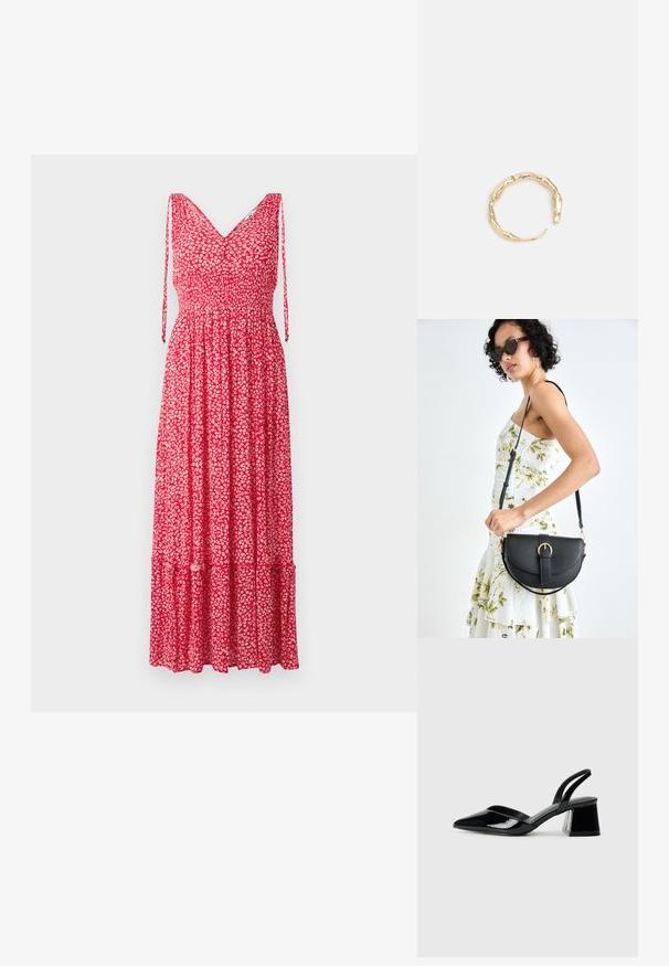 Punane lilleline maksikleit V-kaelusega, reguleeritavad rihmad, smockitud rinnaosa ja kihiline alläär. Kangas sisaldab väikeseid valgeid lillemustreid.; Mustad musta lakknahk kingad, millel on terav varvas ja geomeetriline plokkkonts. Omab elegantselt minimalistlikku disaini ja sujuvat tekstuuri.; Mustmust mustraha kõverate joontega, eemaldatava rihmaga ja kuldsete detailidega. Kotil on klapp, millel on pandladetail.; Kuldtoonis sõrmus, millel on orgaaniline, keerdunud disain sileda tekstuuri ja kitsenevate otstega, luues kaasaegse skulptuurilise välimuse.