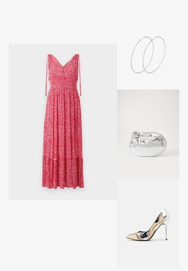 Crvena cvjetna maksi haljina s V-izrezom, podesivim trakama, smockanim korzetom i slojevitim rubom. Tkanina sadrži male bijele cvjetne uzorke.; Cipele s visokom potpeticom i špicastim vrhom u srebrnoj, zlatnoj i nude boji. Sjajan finiš s izrezbarenim dizajnom, s potpeticom u obliku stiletto.; Srebrna metalik torbica s mekim, zaobljenim oblikom i čvorastim zatvaranjem na vrhu. Izrađena od glatke sintetičke kože.; Srebrne okrugle naušnice s minimalističkim dizajnom. Kružni oblik, glatka tekstura i tanak profil. Lagane s poliranim završetkom.