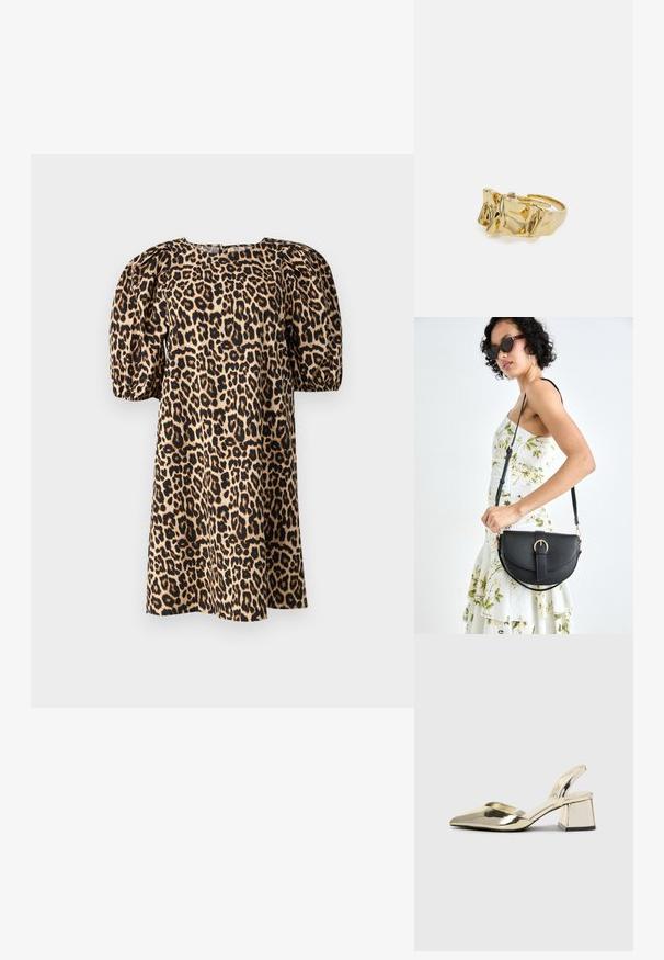 Haljina s leopard uzorkom i napuhanim rukavima, dizajnirana u bež i crnoj boji. Ima kvadratni izrez i glatku teksturu tkanine.; Zlatni metalik slingback sandali s šiljatim vrhom i debelim potpeticama. Glatka tekstura, minimalistički dizajn i uski remen.; Crna kožna torba s lukovitim oblikom, odvojivim remenom i zlatnim detaljima. Torba ima preklop s kopčom.; Zlatni prsten s teksturiranim, valovitim dizajnom koji ima tri istaknuta vrha. Glatka, sjajna površina s otvorenom trakom za podešavanje veličine.