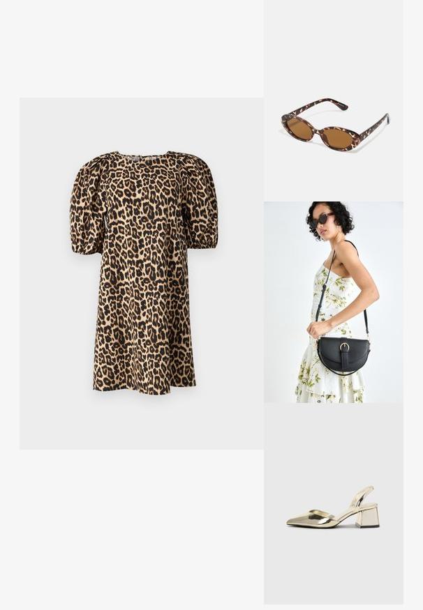 Vestido com padrão de leopardo e mangas bufantes, desenhado numa combinação de cores bege e preto. Apresenta uma gola quadrada e uma textura de tecido suave.; Sapatos de salto alto metálicos dourados, com biqueira em ponta e salto grosso. Textura suave, design minimalista e uma tira estreita.; Óculos de sol em tartaruga com lentes ovais, com tonalidade castanha, hastes finas com padrão texturizado, estrutura leve em plástico.; Bolsa de couro preta com forma curva, alça destacável e detalhes em dourado. A bolsa possui uma aba com detalhe de fivela.