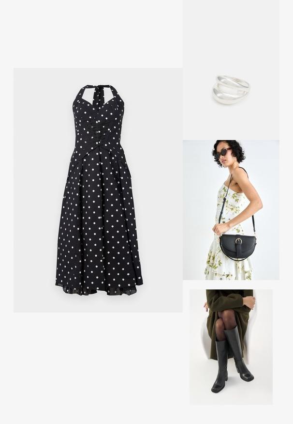 Mustmustärgne riietus, valgete täppidega, vormiv ülemine osa, nöörimise detailid ja laienev seelik. Valmistatud siledast kangast, millel on kerge sära.; Knee-high mustad nahast saapad nelinurkse varbaga ja plokilise kontsaga, esitatud mudeli kõrval, kes istub oliivirohelises mantlis. Sujuv tekstuur, minimaalne detailide arv.; Mustmust mustraha kõverate joontega, eemaldatava rihmaga ja kuldsete detailidega. Kotil on klapp, millel on pandladetail.; Hõbedane kahekordne rõngas sujuva, poleeritud pinnaga. Omab voolavat, kõverat disaini, millel on kattuvad sektsioonid, et saavutada kaasaegne ilme.