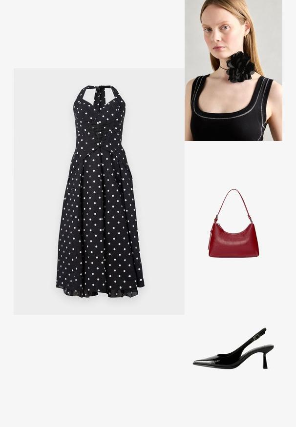 Schwarzes Halterkleid mit weißen Polka-Dots, taillierte Bluse, Schnürdetails und einem ausgestellten Rock. Hergestellt aus glattem Material mit leichtem Glanz.; Schwarze Lackleder Slingback-Pumps mit spitzem Zeh, ausgeschnittenen Seiten, verstellbarem Knöchelriemen und einem dünnen, eleganten Absatz.; Rote Leder-Schultertasche mit einem geschwungenen Design, glatter Textur und einem Reißverschluss. Sie verfügt über einen dünnen Henkel zum Tragen.; Schwarzes Blütenhalsband aus geschichteten Blütenblättern, getragen mit einem schwarzen, gerippten Tanktop, das silberne Akzente entlang des Halsausschnitts und der Schultern aufweist.
