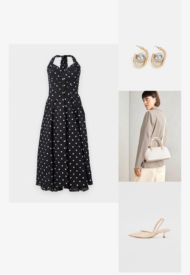 Mustahuolen mekko, jossa on valkoisia pilkkuja, istuva vartalo-osa, nauhoitusyksityiskohtia ja levenevä hame. Valmistettu sileästä kankaasta, jossa on lievä kiilto.; Beige patenttanssisen nahasta valmistetut slingback-korkokengät, joissa on terävä kärki ja kapea, neliömäinen korko. Saumatonta pinta ja minimalistinen muotoilu ilman koristeita.; Valkoinen rakenteellinen käsilaukku, jossa on lyhyet kahvat ja olkahihna, varustettu kultaisilla metalliosilla ja tekstuurilla, esillä harmaata taustaa vasten.; Korvakorut kultasävyssä, joissa on kaareva, renkaan muotoinen muotoilu ja huomattava hopeinen pallokuvio. Kiillotettu metallipinta, takakiinnitys.