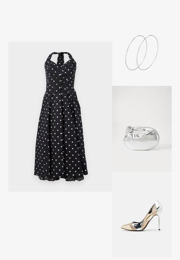 Svart halterneck-klänning med vita prickar, åtsittande byst, snörningsdetaljer och en utsvängd kjol. Tillverkad av ett mjukt tyg med en svag lyster.; Spetsig tå högklackad sko med en färgpalett av silver, guld och nude. Glansig yta med utskärningsdesign, utrustad med en stilettklack.; Silverfärgad metallisk påse med en mjuk, rundad form och en knutstängning upptill. Tillverkad av ett mjukt material i konstläder.; Silverfärgade hoopörhängen med en minimalistisk design. Cirkulär form, slät yta och tunn profil. Lätta med en polerad finish.