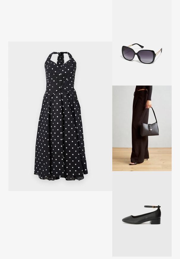 Čierne halterneck šaty s bielymi bodkami, priliehajúci vršok, detaily so šnurovaním a rozšírená sukňa. Vyrobené z hladkej látky s jemným leskom.; Čierne kožené lodičky s špicatou špičkou a nízkym blokovým podpätkom. Obsahuje remienok okolo členka so zlatým prackou. Hladký povrch.; Čierne oversized slnečné okuliare s gradientovými sklíčkami, hrubými rámami a zlatým retiazkovým detailom na stranách.; Čierna kabelka so štruktúrovaným tvarom, hladkou textúrou a kovovou sponou. V kombinácii so širokými čiernymi nohavicami a sandálmi s otvorenou špičkou na drevenej podlahe.
