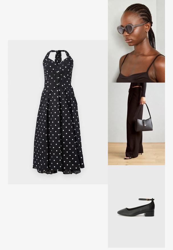 Črna halter obleka s belimi pikami, oprijet zgornji del, detajli na vezanje in razširjen krilo. Narejena iz gladkega materiala z rahlim sijajem.; Črne usnjene pumpice z nazobčanimi prsti in nizko blokasto peto. Imajo trak okoli gležnja z zaponko v zlatem tonu. Gladka tekstura.; Sive velike sončne očala z zaobljeno obliko in temnimi lečami. Elegantno plastično ogrodje z gladko površino. Model ima spletene lase.; Črna torbica z strukturirano obliko, gladko teksturo in kovinskim zaponko. Ujemajo se z širokimi črnimi hlačami in odprtimi sandali na lesenem tleh.