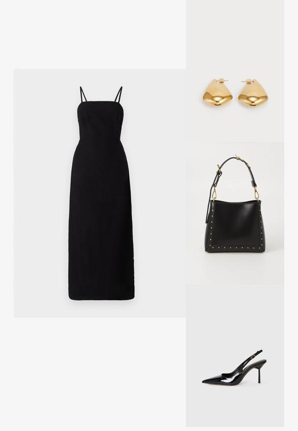 Svart, gulvlengde kjole med tynne stropper, en tettsittende bodice og en glatt tekstur. Minimalistisk design uten mønstre eller detaljer.; Svart lakkert lær slingback stiletthæl sko med spiss tå, tynn rem og gullspenne på hvit bakgrunn.; Svart lærhåndveske med en strukturert form, prydet med gull nagler langs kantene og en avtagbar stropp med gullfargede detaljer.; Øreringer i gulltone laget av metall, med en glatt, avrundet trikantform og stift-bakdesign; reflekterende overflate med minimal detaljer.