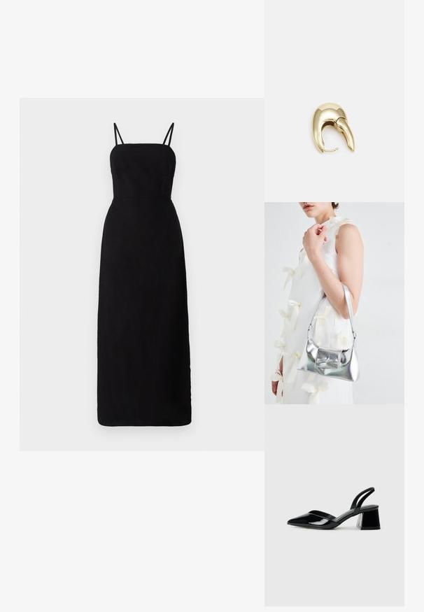 Rochie neagră, lungime până la podea, cu bretele subțiri, un corset ajustat și o textură netedă. Design minimalist, fără modele sau accente.; Pantofi cu toc slingback din piele lacuită neagră, cu vârf ascuțit și toc geometric. Prezintă un design elegant, minimalist și o textură netedă.; Geantă metalică argintie cu o formă structurată, având un mâner superior și un detaliu sub formă de fundă pe față. Textură netedă, finisaj reflexiv.; Cercei din metal de culoare aurie cu un design elegant și curbat. Prezintă o formă distinctivă, ascuțită, o suprafață lustruită și un sistem de închidere cu balama.