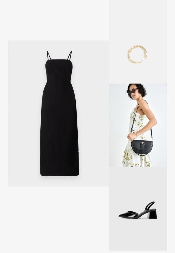 Must musta, põrandani ulatuv kleit õhukeste rihmadega, sobitud puusadega ja sileda tekstuuriga. Minimalistlik disain ilma mustrite või aktsentideta.; Mustad musta lakknahk kingad, millel on terav varvas ja geomeetriline plokkkonts. Omab elegantselt minimalistlikku disaini ja sujuvat tekstuuri.; Mustmust mustraha kõverate joontega, eemaldatava rihmaga ja kuldsete detailidega. Kotil on klapp, millel on pandladetail.; Kuldtoonis sõrmus, millel on orgaaniline, keerdunud disain sileda tekstuuri ja kitsenevate otstega, luues kaasaegse skulptuurilise välimuse.