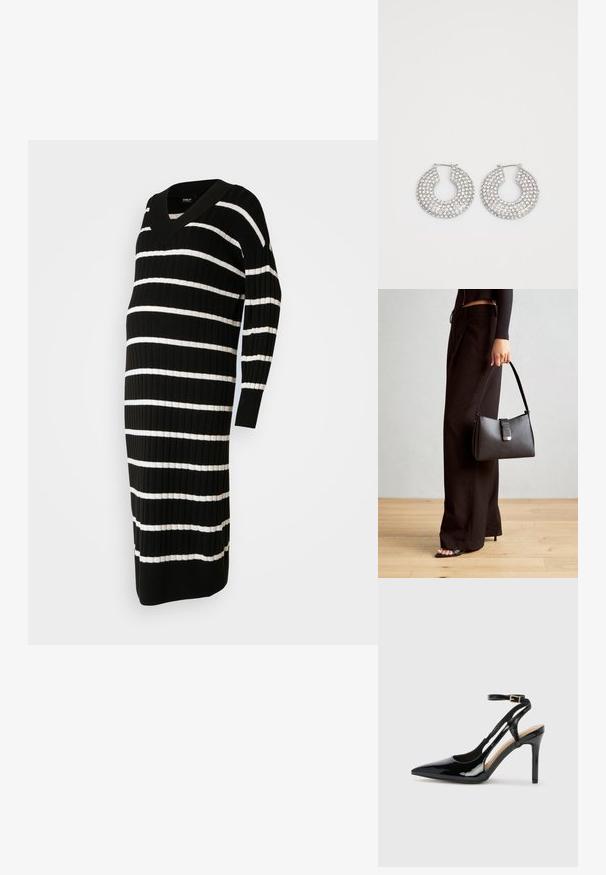 Svart og hvit stripete kjole med V-hals, rillede tekstur, lange ermer og knelengthsnitt, designet for komfort og passform.; Svart lakkert høye hæler med åpen bakside og spiss tå, justerbar ankelrem og åpne sider. Jevn tekstur.; Svart håndveske med strukturert form, jevn tekstur og metallisk lås. Kombinert med brede svarte bukser og sandaler med åpen tå på tregulv.; Sølv hoop øredobber prydet med flere klare krystallpynt, med en teksturert overflate og et åpent sirkulært design.