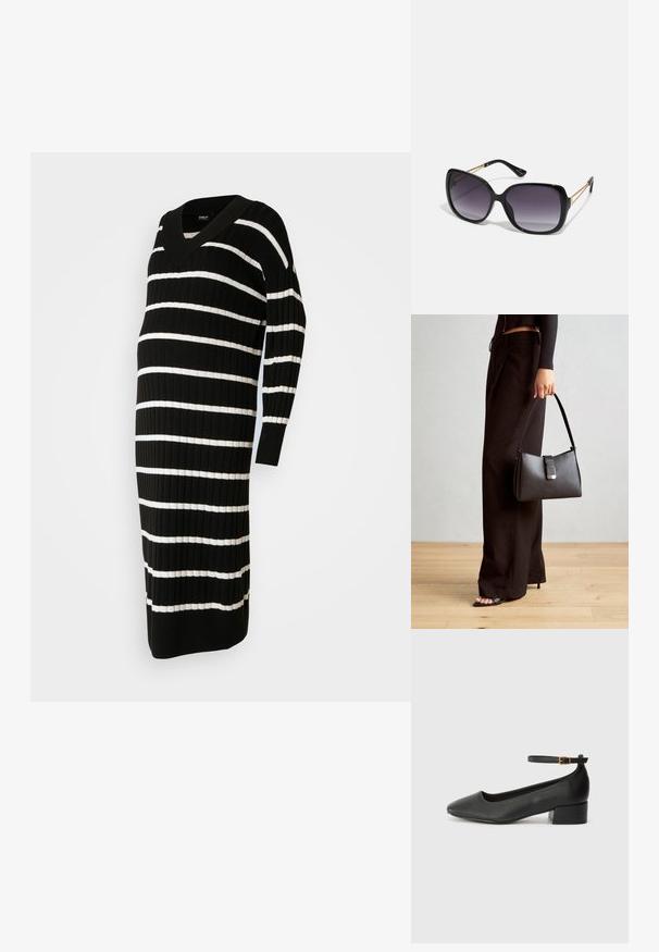 Abito a strisce bianche e nere con scollatura a V, texture a costine, maniche lunghe e taglio al ginocchio, progettato per comfort e vestibilità.; Pump in pelle nera con punta affusolata e tacco basso a blocco. Presenta una cinghia alla caviglia con una fibbia in tonalità oro. Texture liscia.; Occhiali da sole neri oversize con lenti sfumate, montatura spessa e dettagli in catena dorata sulle astine.; Borsa nera con forma strutturata, texture liscia e una chiusura metallica. Abbinata a pantaloni neri larghi e sandali open-toe su un pavimento in legno.