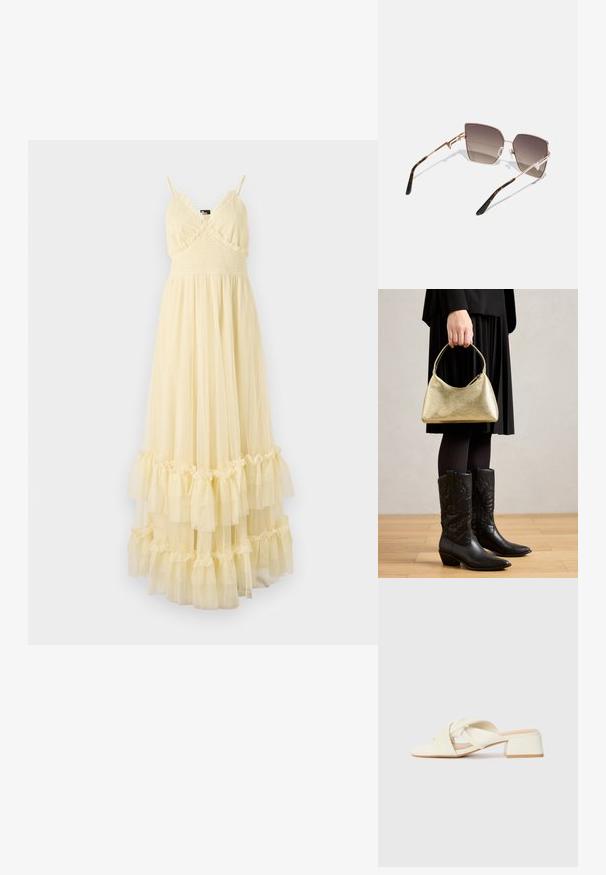 The Kooples ROBE - Freizeitkleid - light yellow; Ecrufarbene Blockabsatzsandalen mit gedrehten Riemen und flachem Fußbett. Glattes synthetisches Material mit matter Oberfläche.; Sonnenbrille mit einem rahmen aus roségoldfarbenem Metall, kantigen Gläsern, die von dunkelbraun nach hellbraun verlaufen, und einem Schildpattmuster an den Bügeln.; Goldfarbene Handtasche mit strukturierter Oberfläche in geschwungener Form und kurzem Griff, gehalten von einer Person in einem schwarzen plissierten Rock und schwarzen Leder-Stiefeln im Cowboy-Stil.