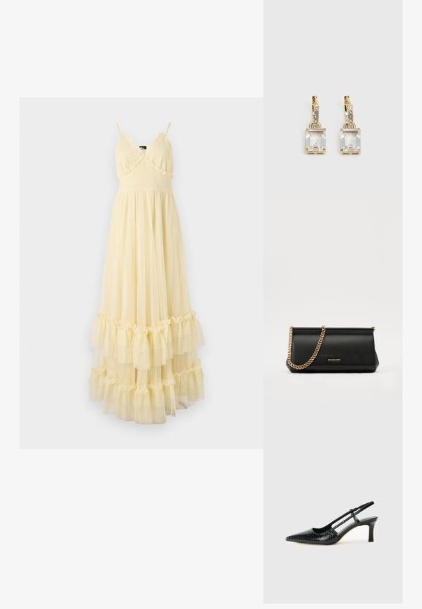 The Kooples ROBE - Nappali ruha - light yellow; Fekete lakk slingback sarok, hegyes orral, texturált kígyómintával, állítható pánttal és rövid, texturált tömbsarkal.; Fekete bőr kisméretű táska arany lánccal, sima felülettel, téglalap alakú, és dombornyomott márkázással az elején.; Aranyszínű fülbevalók, melyek egy téglalap alakú, tiszta kristállyal díszítették, ami egy sor kis, kerek, tiszta kiegészítő alatt lóg. Letisztult, modern dizájn.