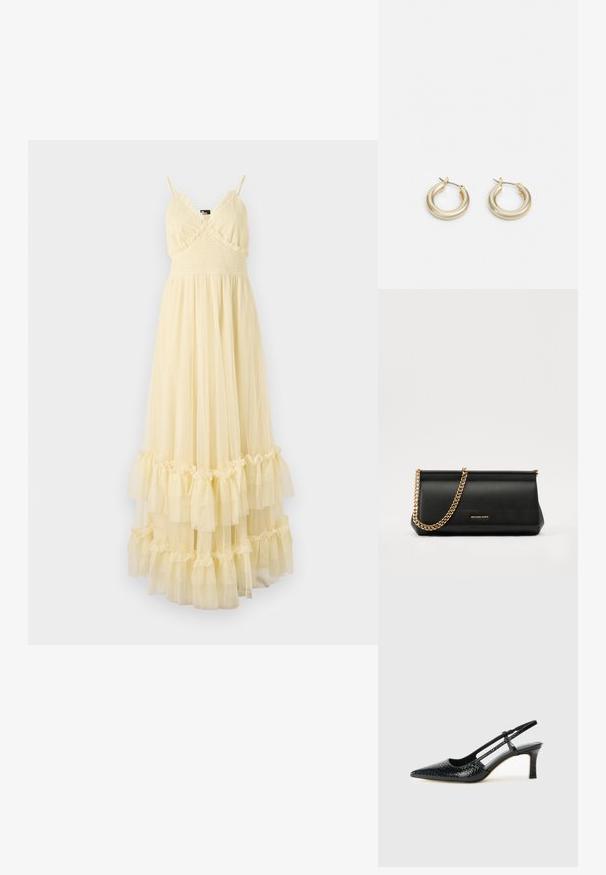 The Kooples ROBE - Freizeitkleid - light yellow; Schwarze Lack-Slingback-Pumps mit spitzem Zehenbereich, versehen mit strukturiertem Schlangenprint, verstellbarem Riemen und einem kurzen, strukturierten Blockabsatz.; Schwarze Leder-Clutch mit einer goldenen Ketten-Trage, die eine glatte Oberfläche, rechteckige Form und geprägtes Branding auf der Vorderseite aufweist.; Lauren Ralph Lauren BASIC SMALL HOOP - Ohrringe - gold-coloured