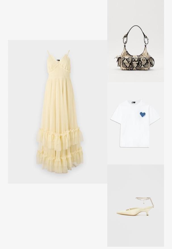 The Kooples ROBE - Denné šaty - light yellow; Biele bavlnené tričko s krátkymi rukávmi a okrúhlym výstrihom. Na ľavej strane hrude sa nachádza modrá džínsovina srdcová nášivka s textom pod ňou.; Žlté satinové slingback topánky s špičatou špičkou a nízkym podpätkom, zdobené reťazou okolo členka s kryštálmi. Hladká textúra, minimalistický dizajn.; Python-print kabelka v béžovej a čiernej farbe, so štruktúrovaným tvarom, detailom pracky a dvojitými ramennými popruhmi. Textúrovaný povrch.