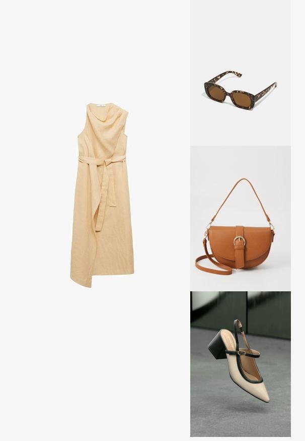Mango Dnevna haljina - sand; Bež cipele s otvorenom petom i šiljastim vrhom, crnim obrubom, zlatnom kopčom i debelim blok-petom na sivom podu s tamnozelenom pozadinom.; Tortoiseshell naočale s okvirima u obliku kruga i debelom konstrukcijom, te smešnim lećama. Imaju suptilne uzorke i ravne, sužene nogice.; Smeđa kožna torba preko tijela s zakrivljenim oblikom, zlatnim metalnim detaljima i naglaskom na kopču. Ima odvojivu naramenicu.