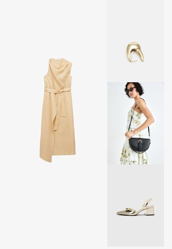Mango Freizeitkleid - sand; Goldene, metallische Slingback-Absätze mit spitzem Zeh und dicker Ferse. Glatte Textur, minimalistisches Design und ein schmaler Riemen.; Schwarze Lederhandtasche mit geschwungener Form, abnehmbarem Tragegurt und goldenen Beschlägen. Die Tasche verfügt über einen Deckel mit einer Schnallen-Details.; Ohrringe aus goldfarbenem Metall mit einem schlanken, geschwungenen Design. Sie verfügen über eine markante, spitze Form, eine polierte Oberfläche und einen Scharnierverschluss.