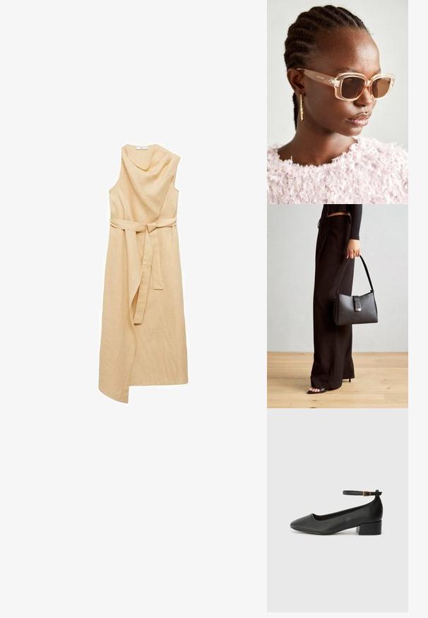 Mango Dnevna obleka - sand; Črne usnjene pumpice z nazobčanimi prsti in nizko blokasto peto. Imajo trak okoli gležnja z zaponko v zlatem tonu. Gladka tekstura.; Bežna oversized sončna očala s prozornim okvirjem in rjavimi lečami, ki imajo subtilne cvetlične poudarke in drzen, geometrijski dizajn.; Črna torbica z strukturirano obliko, gladko teksturo in kovinskim zaponko. Ujemajo se z širokimi črnimi hlačami in odprtimi sandali na lesenem tleh.