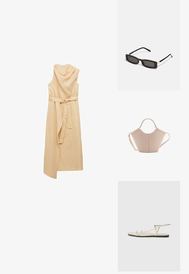 Mango Freizeitkleid - sand; Beige flache Sandale mit mehreren schlanken Riemen und einer verstellbaren Schnalle. Die Sohle ist flach und hat einen leichten dunklen Kontrast am Rand.; Schwarze rechteckige Sonnenbrillen mit dunklen Gläsern, glänzenden Kunststoffrahmen und goldenen Akzenten an den Bügeln. Minimalistisches Design und schlanke Form.; Beige Lederhandtasche mit einer einzigartigen Form, die zwei kurze Henkel und einen langen verstellbaren Riemen aufweist. Glatte Textur mit minimalen Hardware-Elementen.