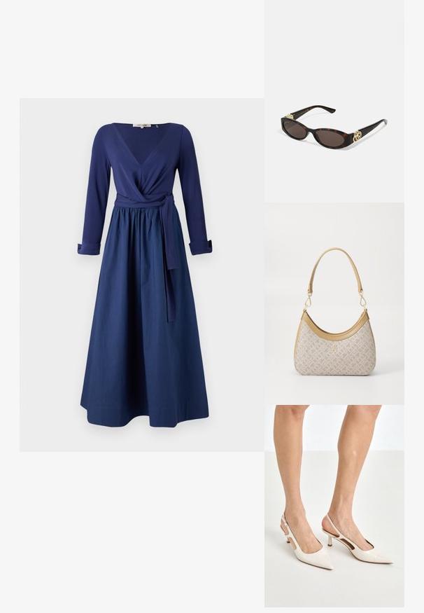 Granatowa sukienka z długimi rękawami, dekoltem w serek, fasonem kopertowym i paskiem w talii. Lekka spódnica o gładkiej fakturze.; Beżowe lakierowane szpilki z odkrytą piętą, zakończone spiczastym noskiem i 5 cm obcasem, z wyciętymi bokami oraz cienkim paskiem na kostce.; Słoneczne okulary w kolorze żółwi z wydłużonymi owalnymi soczewkami, brązowym odcieniem, złotymi akcentami logo na zausznikach oraz smukłymi czarnymi ramionami.; Beżowa torebka w wzory o zakrzywionym kształcie, z skórzanymi akcentami i złotym logo z przodu. Posiada krótki uchwyt, co ułatwia noszenie.; Naszyjnik z pereł i kryształów o okrągłym, koralikowym wzorze w jasnych odcieniach, z naprzemiennie umieszczonymi perłami i błyszczącymi akcentami, noszony na szyi.