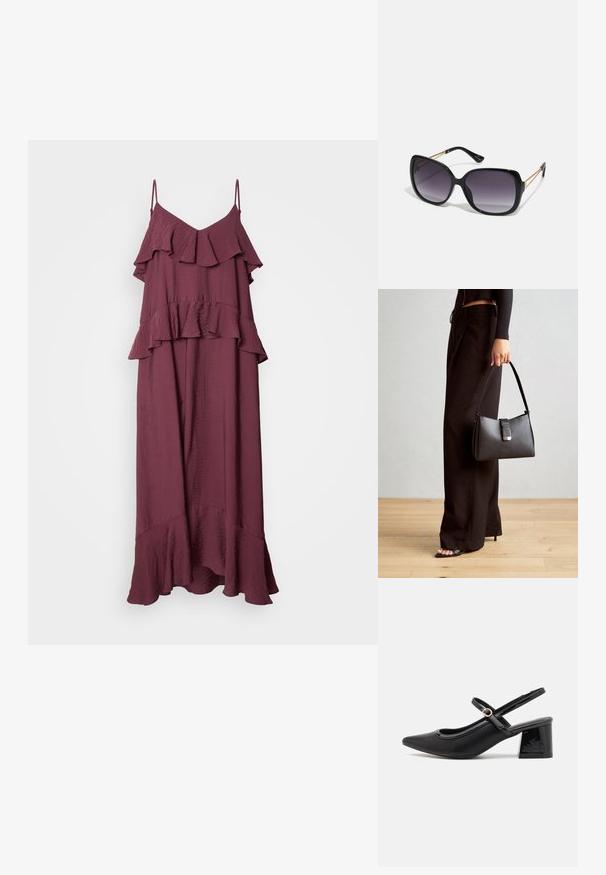 Burgundijska maksi haljina s podesivim trakama. Ima višeslojni volanasti dizajn i rašireni rub, izrađena je od lagane, teksturirane tkanine.; Crne lakirane slingback visoke potpetice s šiljastim vrhom, zaobljenim izrezom i blok potpeticom. Sadrži akcent zlatnog tona s kopčom.; Crne prevelike sunčane naočale s gradijentnim lećama, debelim okvirom i zlatnim lancem kao detaljem na krakovima.; Crna torba s oblikom koji sadrži strukturu, glađu teksturu i metalnu kopču. Uparena s širokim crnim hlačama i sandalama na otvorenom s drvenog poda.