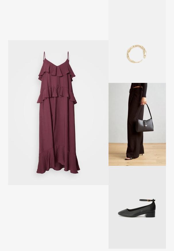 Burgundijas maxi kleita ar regulējamām spageti plecu siksnām. Iekļauj kārtainu volānu dizainu un izplūdušu apakšmalu, izgatavota no viegla, teksturēta auduma.; Melnas ādas sūkņi ar smailu purngalu un zemu bloku papēdi. Iezīmēts ar potītes siksniņu ar zelta krāsas sprādzi. Gluda tekstūra.; Melnā somiņa ar strukturētu formu, gludu tekstūru un metālu sprādzi. Saskaņota ar platām melnām biksēm un sandālēm ar atvērtu purngalu uz koka grīdas.; Zelta toņa gredzens ar organisku, vērptu dizainu, gludu virsmu un sašaurinātiem galiem, radot mūsdienīgu, skulpturālu izskatu.