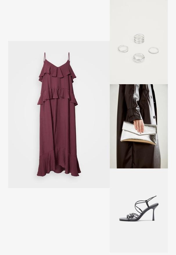 Bordeaux-maxikleid mit verstellbaren Spaghetti-Trägern. Besonderheiten sind das mehrlagige Rüschendesign und der ausgestellte Saum, gefertigt aus leichtem, strukturiertem Stoff.; Schwarze, hochhackige Sandalen mit dünnen Riemen und einem geknoteten Design, einer glatten, rechteckigen Zehenpartie und einem eleganten Stiletto-Absatz.; Silberner metallischer Clutch mit einem eckigen Umschlagdesign, glatter Textur und kontrastierender Innenfarbe, gehalten in einer Hand, die einen schwarzen Mantel trägt.; Vier Silberringe mit unterschiedlichen Designs: gedrehter Ring, geschichtete Kurven, zarte Kristalle und ein glatter Ring mit kleinen Akzenten.