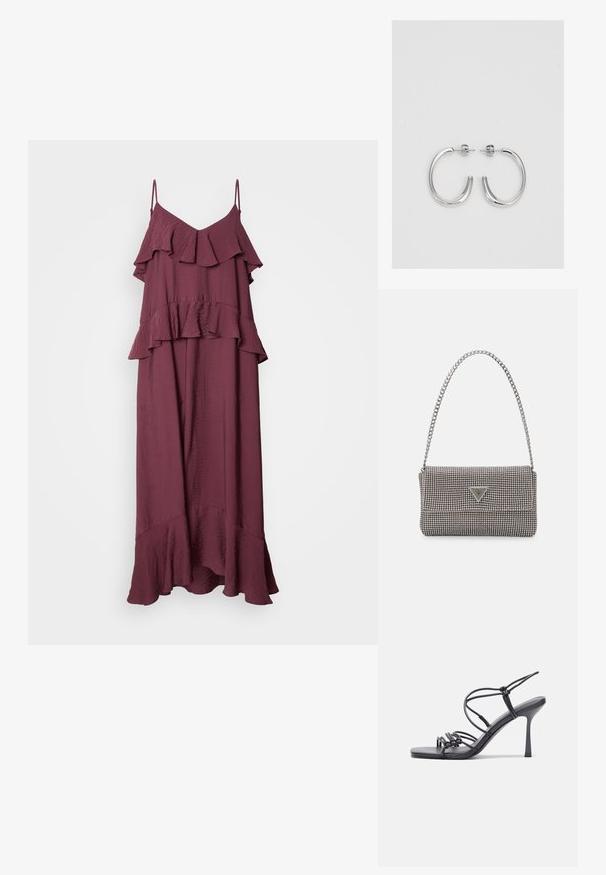 Burgundijas maxi kleita ar regulējamām spageti plecu siksnām. Iekļauj kārtainu volānu dizainu un izplūdušu apakšmalu, izgatavota no viegla, teksturēta auduma.; Melnas augstpapēžu sandales ar plāniem siksniņām un mezgla dizainu, gluda kvadrātveida purngalu un elegantu stiletto papēdi.; Gaiši pelēka metāla rokassoma ar ķēdes siksnu, rotāta ar mazām apaļām metāla kniedēm un trīsstūra zīmola logo.; Sudraba riņķveida auskari ar gludu, spīdīgu apdari. Apaļas formas, viegla dizaina, ar aizdari uz stieples.
