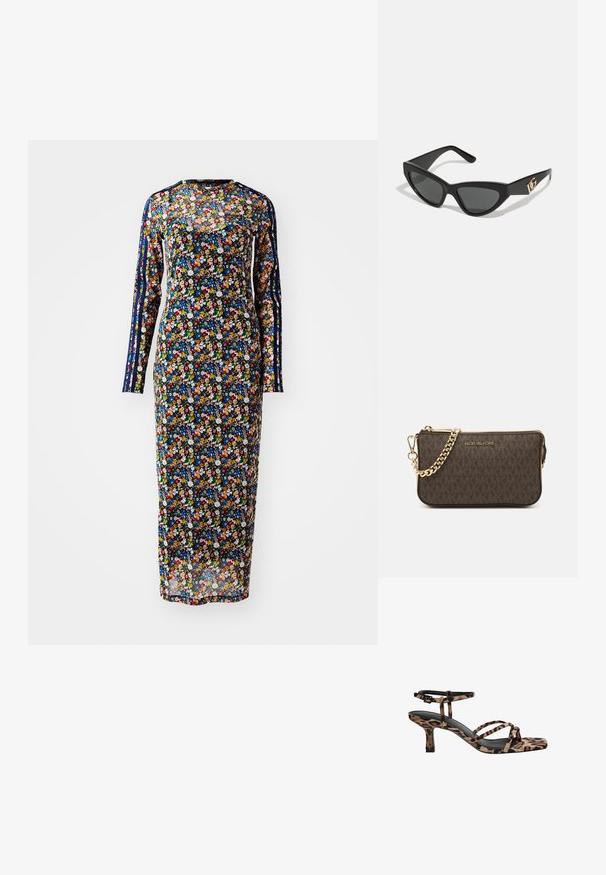 Dolga obleka s cvetličnim vzorcem iz prosojne tkanine z mornarsko modro podlago, ki vsebuje pisane cvetne vzorce in stranske črte v različnih odtenkih.; Sandal s petto s kvadratnim vrhom, več trak in srednje visoko peto v leopardjem vzorcu. Narejeni iz mehkega tekstilnega materiala.; Sončne naočale v mačjem stilu z mat črnim plastičnim okvirjem, temnimi lečami in zlatim logotipom na tempeljih. Kotačast dizajn in gladka tekstura.; Rjava usnjena torba čez ramo z vzorcem logotipa, zlatim verigo, zadrgo in zlatimi dodatki. Kompaktna in pravokotna oblika.