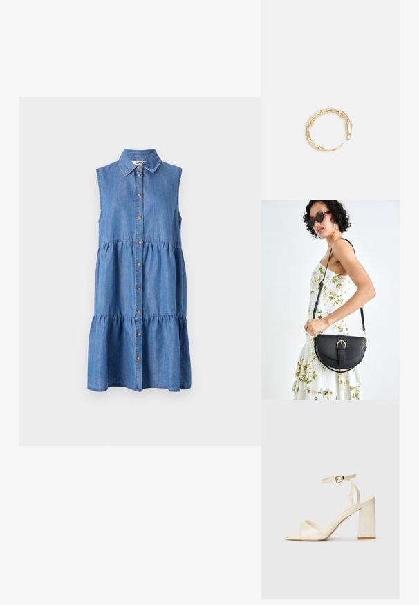 Džinsinė suknelė be rankovių su mygtukų užsegimu priekyje, sluoksniuota volanėmis sijonas, smailus apykaklė ir šviesiai mėlyna spalva.; Kreminės spalvos aukštakulniai sandalai su atvira nosimi, storu blokuotu kulnu, plona kulkšnies juosta ir subtiliu blizgesiu. Žakardo akcentas ant juostos.; Juodas odinis krepšys su išlenkta forma, nuimamu dirželiu ir auksiniais detalėmis. Krepšys turi kilpą su sagtimi.; Auksinės spalvos žiedas, turintis organišką, sukimosi dizainą su lygiu paviršiumi ir siaurėjančiais galais, sukuriantis modernią skulptūrinę išvaizdą.