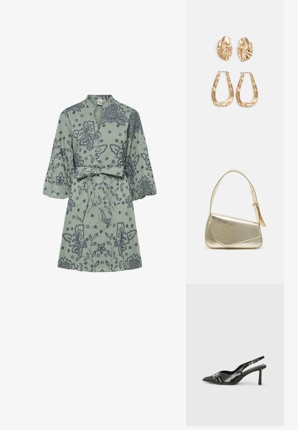 Φόρεμα κοντομάνικο σε ανοιχτό πράσινο με σκούρο μπλε λουλουδάτη κεντητή διακόσμηση, εξοπλισμένο με κουμπιά μπροστά, όρθιο γιακά και ζωνάκι για ρυθμιζόμενη εφαρμογή.; Μαύρο παπούτσι slingback από πατέντο δέρμα με μυτερή μύτη, λουράκια στον αστράγαλο που διαθέτουν ασημένιες αγκράφες και μεταλλικά στοιχεία, και λεπτό τακούνι.; Χρυσή μεταλλική τσάντα χειρός με δομημένο σχέδιο, λεία υφή και ρυθμιζόμενο λουρί. Διαθέτει μοναδικό τριγωνικό σχήμα και μινιμαλιστική ραφή.; Χρυσά σκουλαρίκια με υφή, κυματιστά σχήματα. Περιλαμβάνουν γλυπτικά κλιπ-σε σκουλαρίκια και σχέδιο ανοιχτού σκουλαρικιού με σφυρήλατη επιφάνεια.