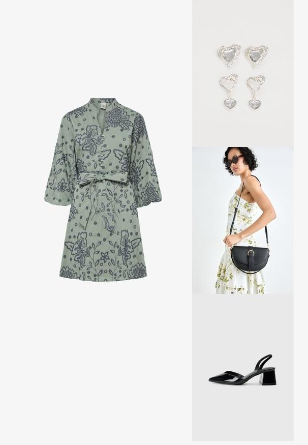 Vestido de mangas curtas em verde claro com bordados florais em azul escuro, frente com botões, gola alta e cintura ajustável com laço.; Sandy em verniz preto com salto slingback, ponta afilada e salto geométrico. Apresenta um design elegante e minimalista com textura suave.; Bolsa de couro preta com forma curva, alça destacável e detalhes em dourado. A bolsa possui uma aba com detalhe de fivela.; Os brincos em forma de coração prateados apresentam pedras claras facetadas, com uma moldura texturizada. O conjunto inclui estilos de botão e de gota.